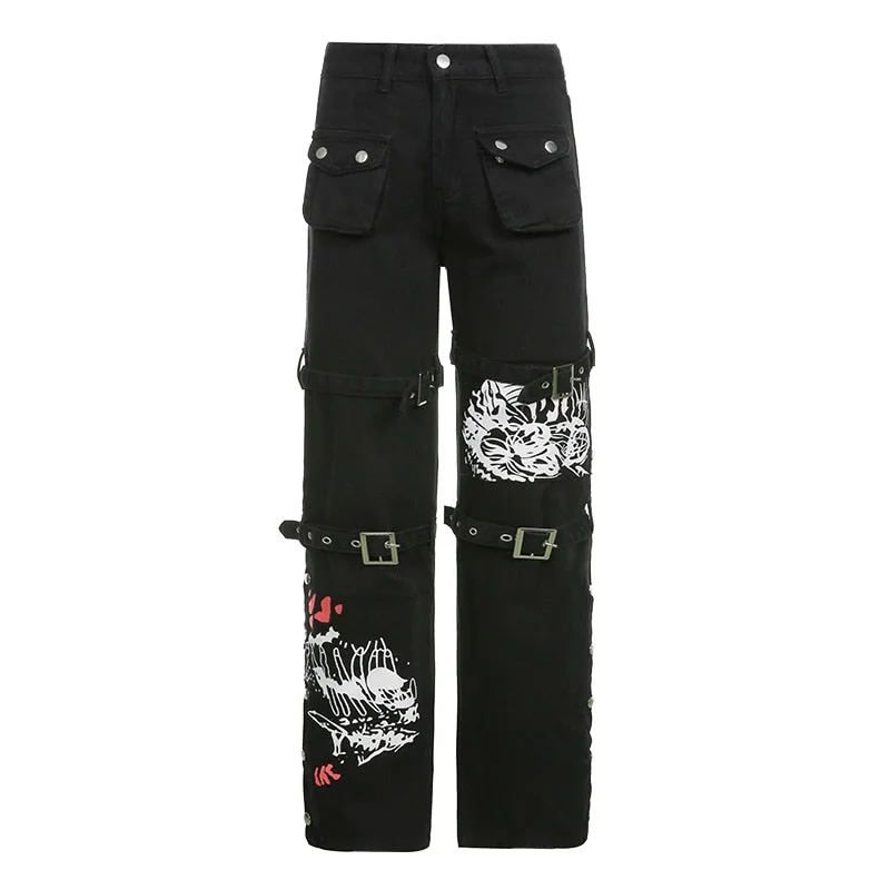 Darlingaga Streetwear Punk Style Print Low Waist Jeans Women Gothic Dark Cargo Pants Buckle Pockets Denim Trousers Aesthetic New