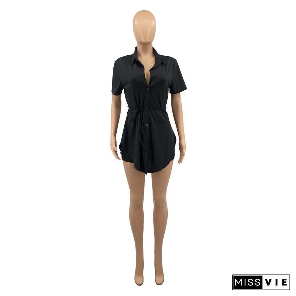 Solid Short Sleeve Lace Up Shirt and Shorts Matching Suit