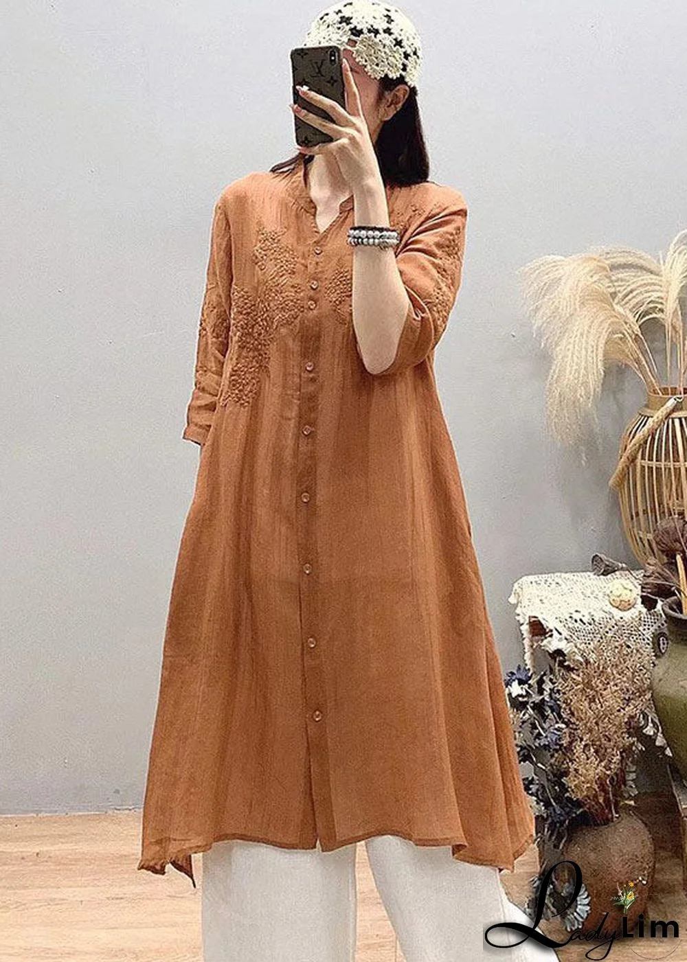 Orange Embroideried Linen Long Shirt Asymmetrical Design Three Quarter sleeve