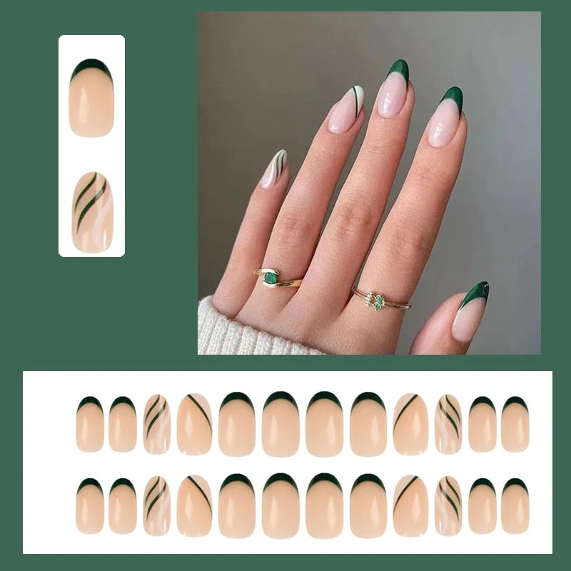 false nails short Green Solid Color with Gold Foil and Shell 3D Decoration Fake Nails Cute Bride Fake Nails Full Nail Tips-Nail Inspo