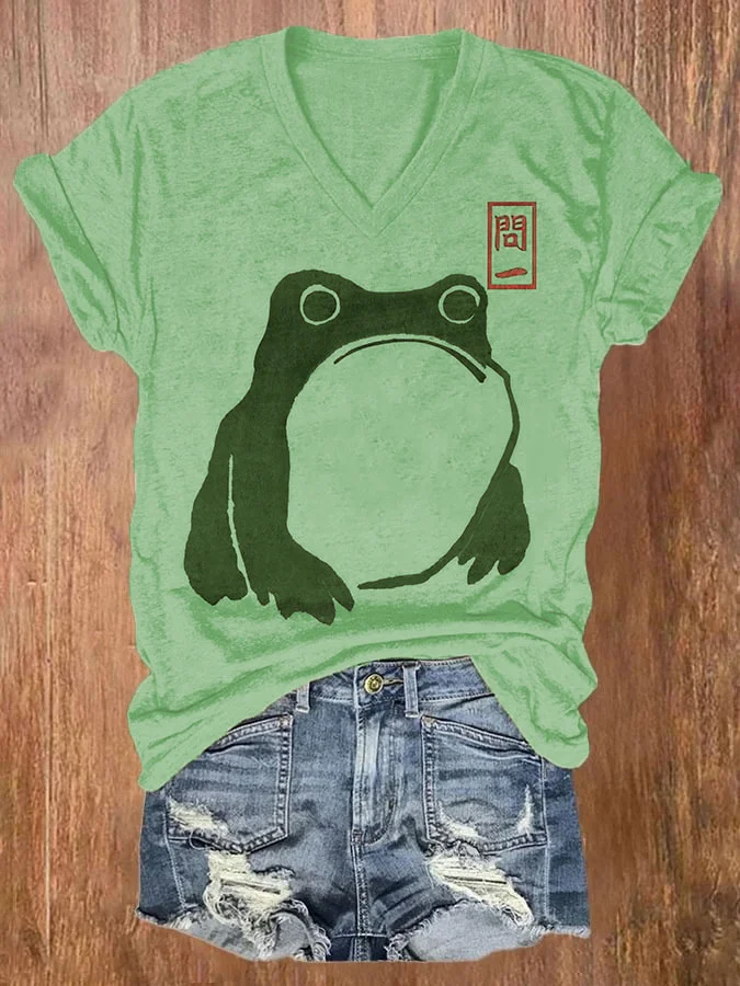 Women's Cute Frog Japanese Lino Art Painting Printed Casual T-Shirt