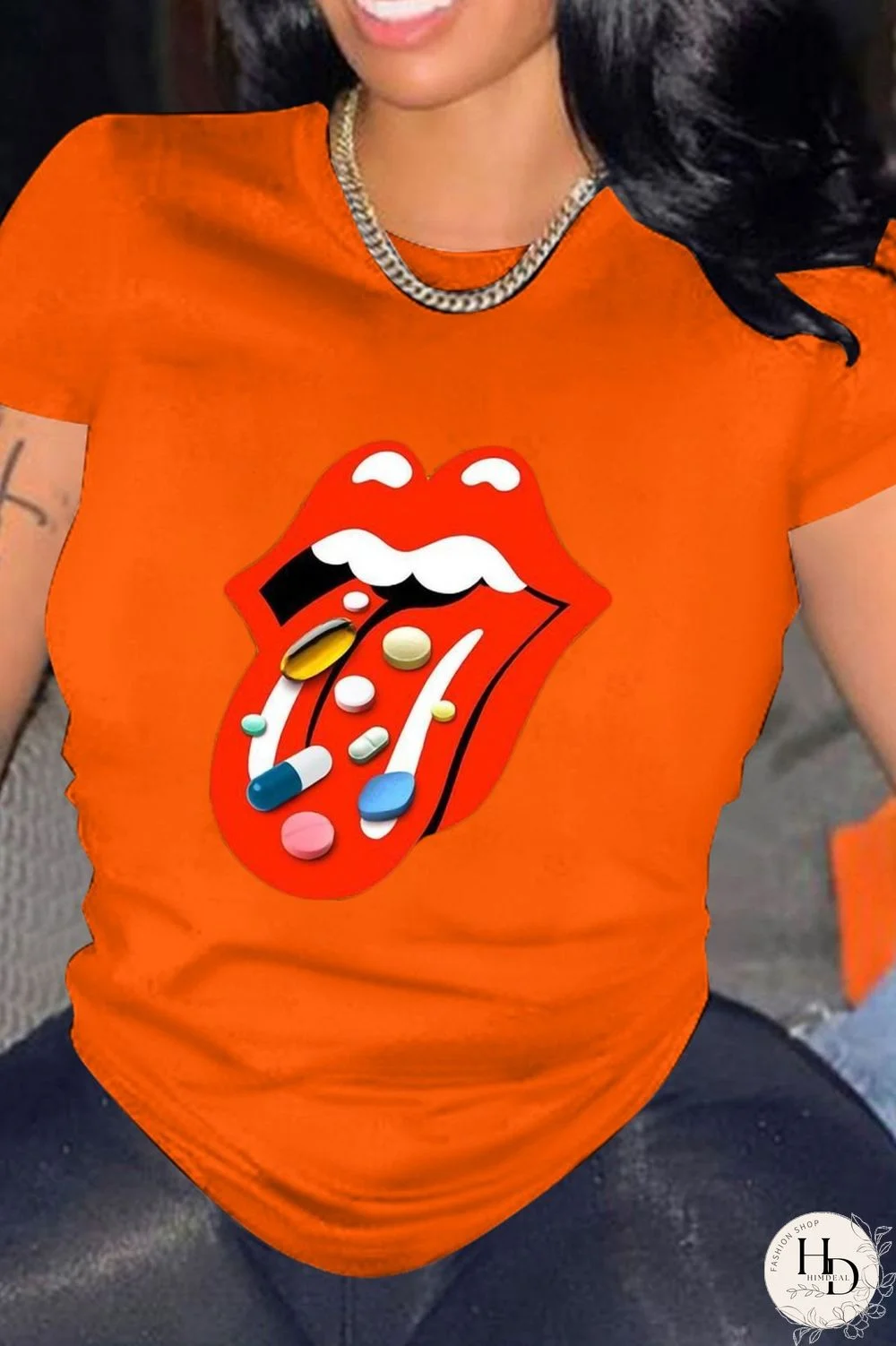 Orange Casual Lips Printed Basic O Neck T-Shirts