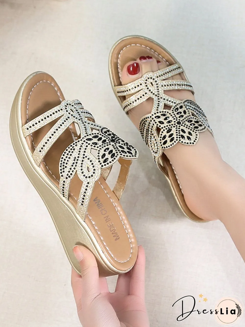 Rhinestone Floral Leaf Cutout Glitter Wedge Slippers