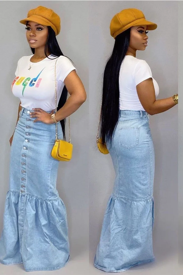 Blue Cotton Button Fly Mid Patchwork Solid Draped Mermaid skirt Bottoms