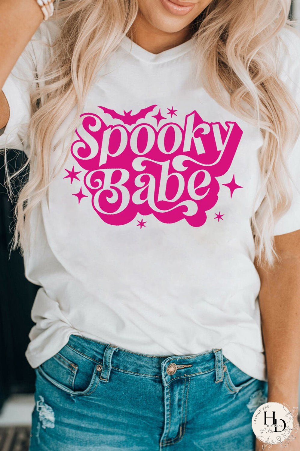 Spooky Babe Bat Print White Halloween Tee
