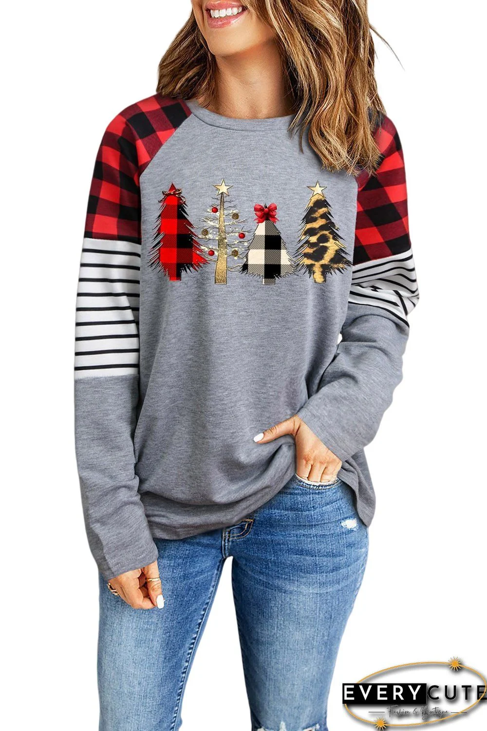 Gray Christmas Trees Print Plaid & Stripe Sleeve Sweatshirt