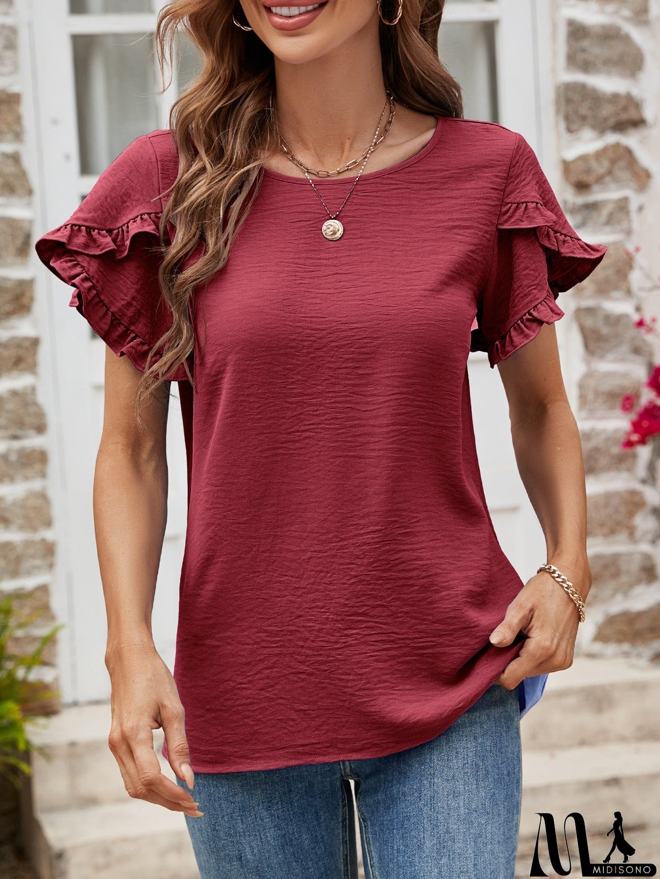 MidiSono - Textured Petal Sleeve Round Neck Tee