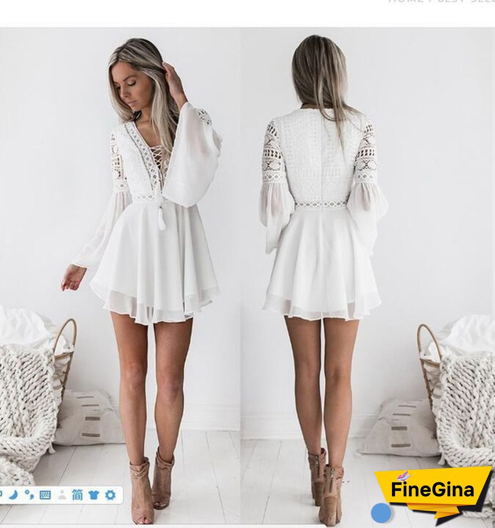Women's A Line Dress Short Mini Dress White Black Red Long Sleeve Solid Color Ruffle Patchwork Spring Summer V Neck Hot Sexy Dresses