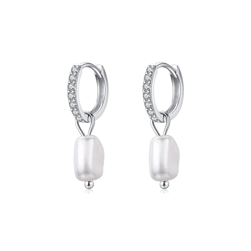1 Pair 925 Sterling Silver Pearl Irregular Hoop Earrings