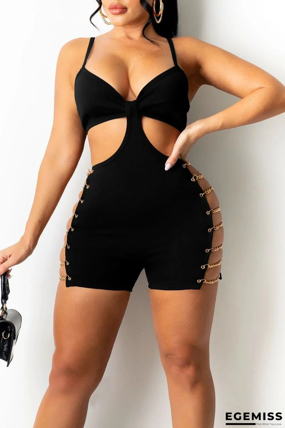 Black Sexy Solid Hollowed Out Patchwork Chains Zipper Spaghetti Strap Skinny Jumpsuits | EGEMISS
