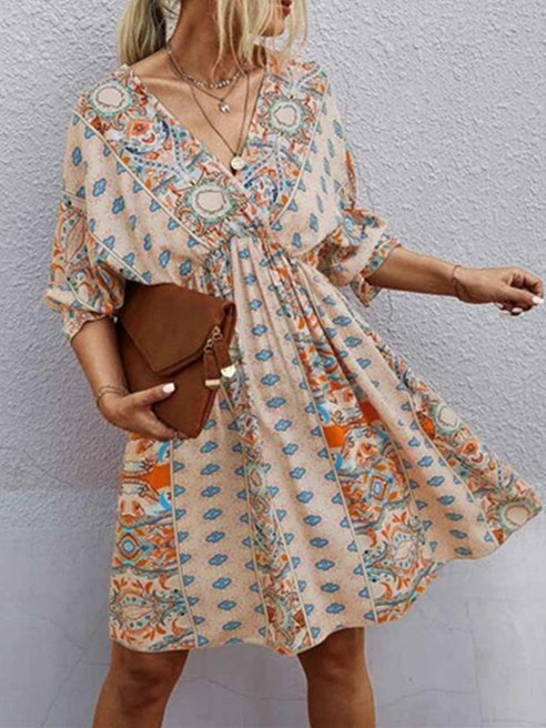 Women's Short Sleeve V-neck Floral Printed Lace-up Midi Dress