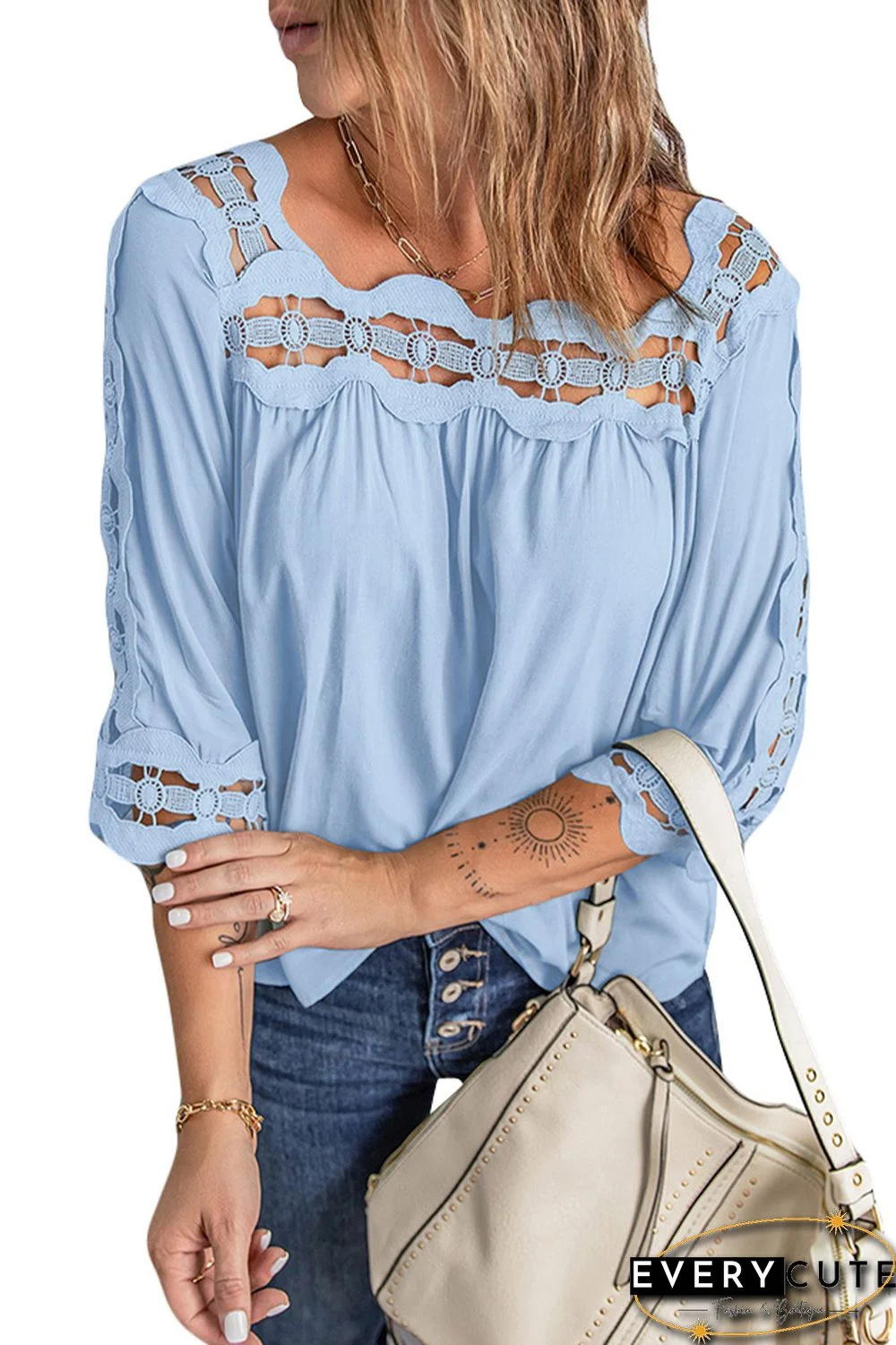 Sky Blue Crochet Trim Hollow-out Blouse