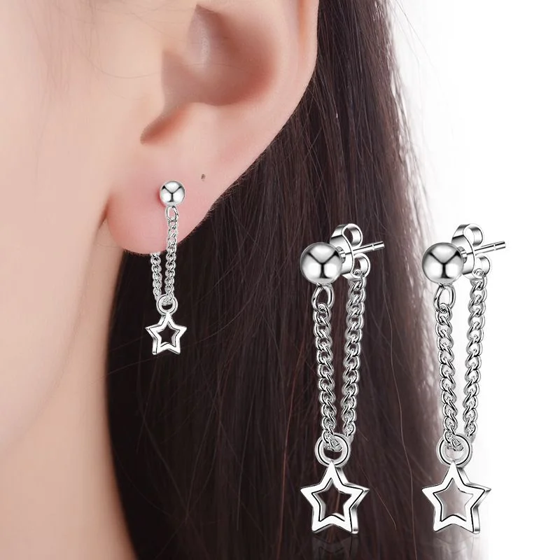 925 Silver Needle Hypoallergenic Delicate Star Drop Earrings Women's Punk Chain Drop Earrings
