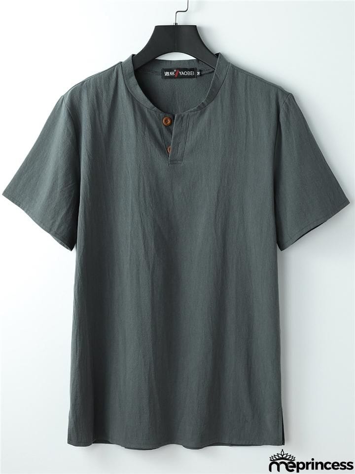 Solid Color Lightweight 2-Piece Outfit Button T-Shirt + Drawstring Waistband Cropped Pants