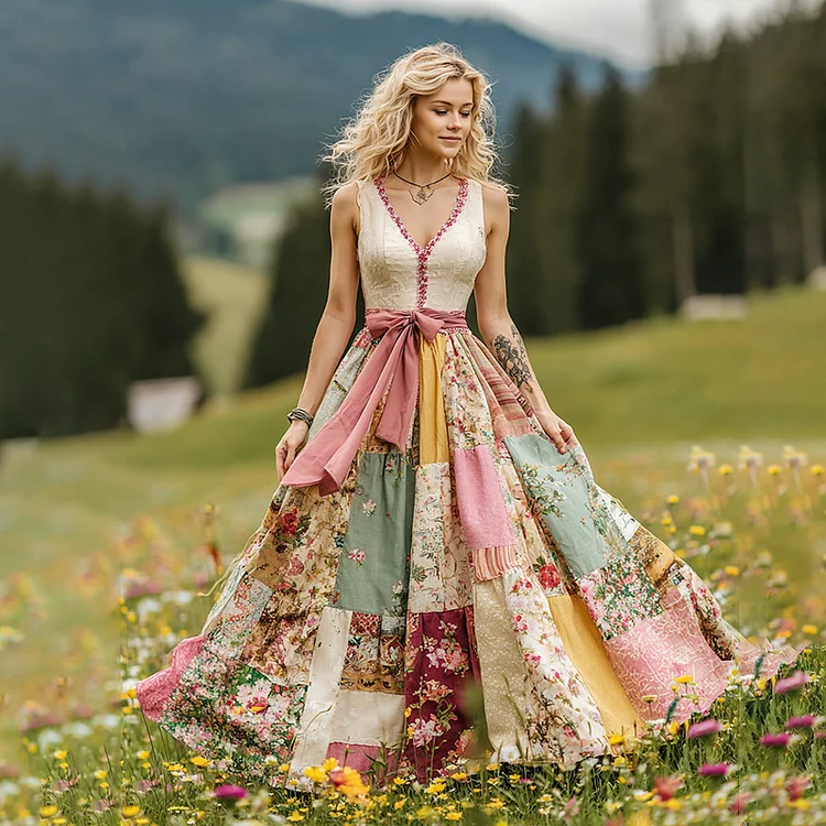 Women's Vintage Floral Art V Neck Comfy Maxi Dress