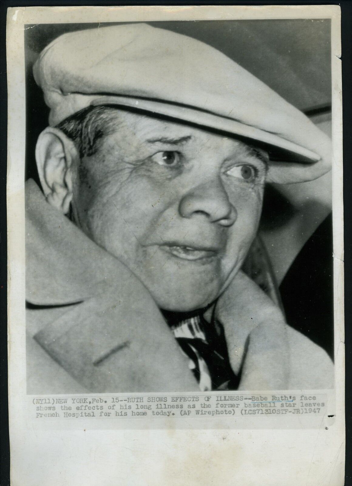 Babe Ruth leaves hospital 1947 Press Wire Photo Poster painting New York Yankees