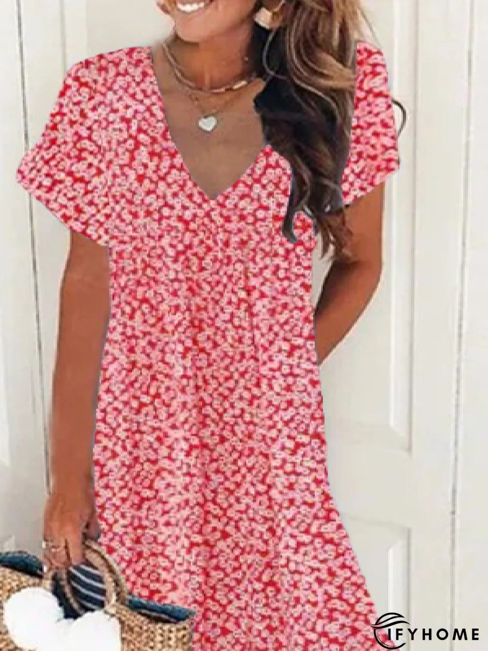 Women's Swing Dress Casual V Neck Loose Short Sleeve Floral Ruched Print Boho Dress | IFYHOME