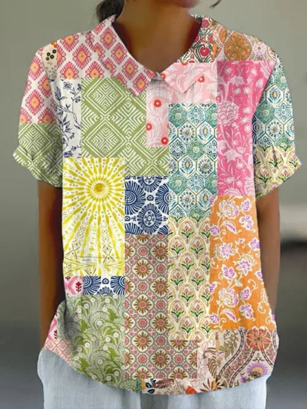 Women's 2024Vintage Patchwork Floral Print Cute Crew Neck Casual T-Shirt Top