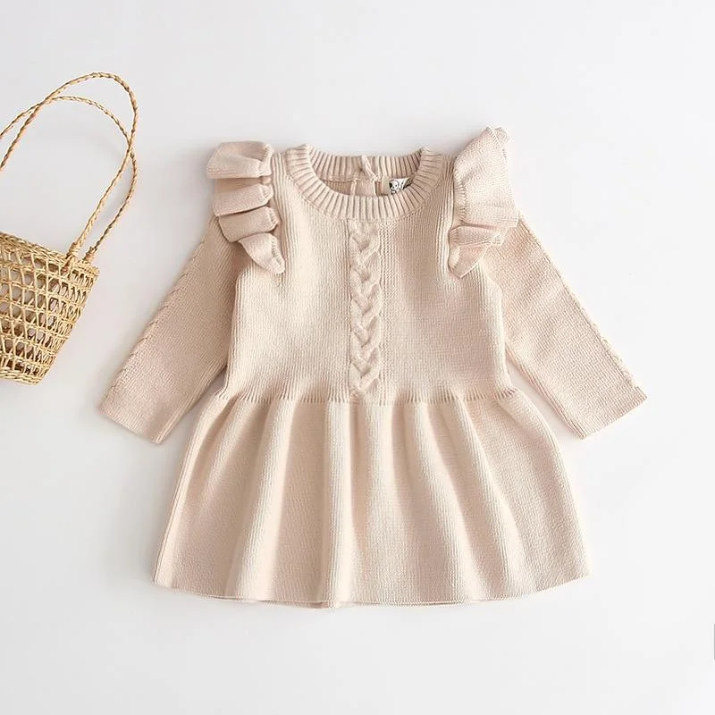 2019 Baby Autumn Winter Clothing Infant Kids Baby Girl Ribbed Warm Dress Ruffled Long Sleeve Knitted Dresses Princess Party Gown