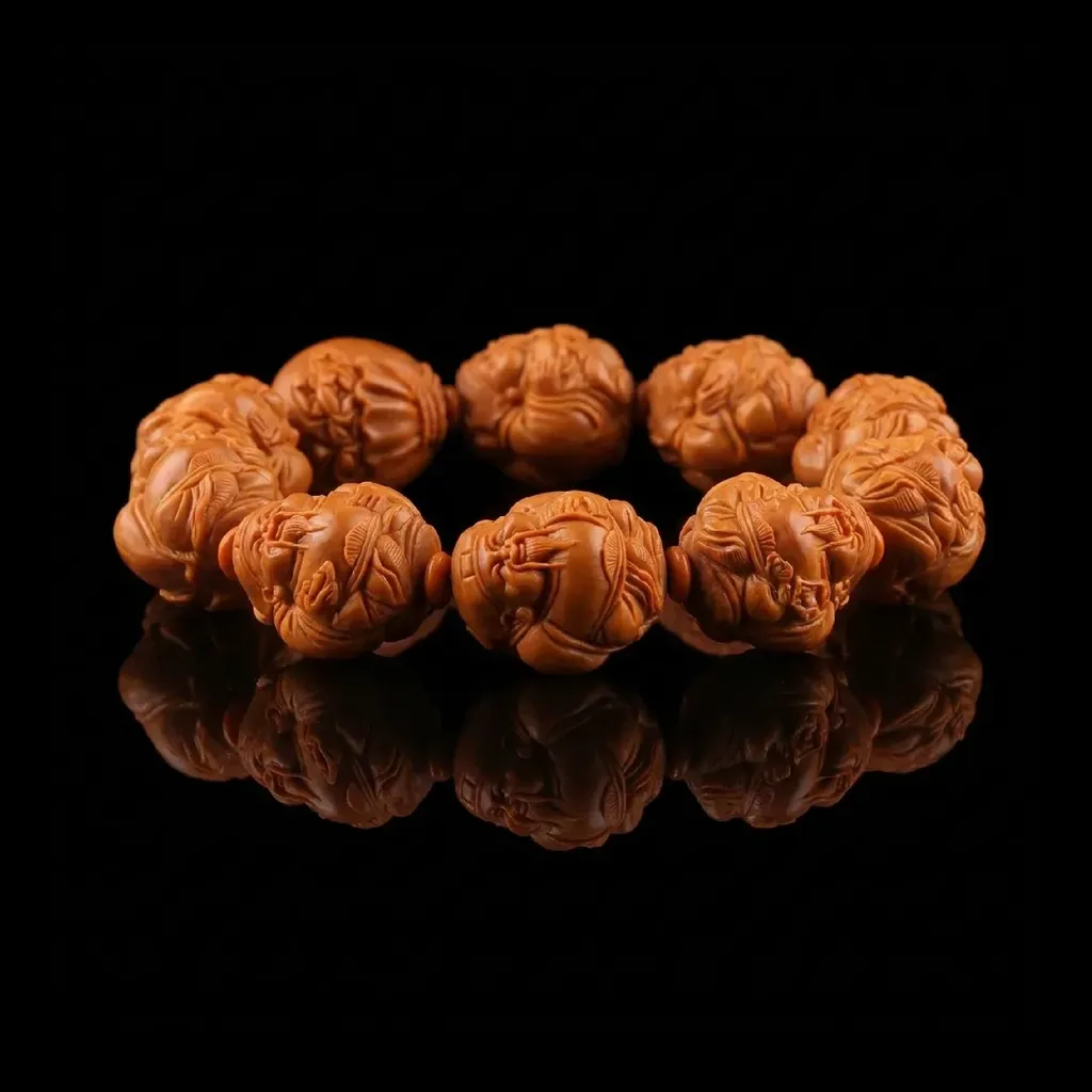 Crimson Guardian: Hand-Carved Olive Stone Prosperity Bracelet