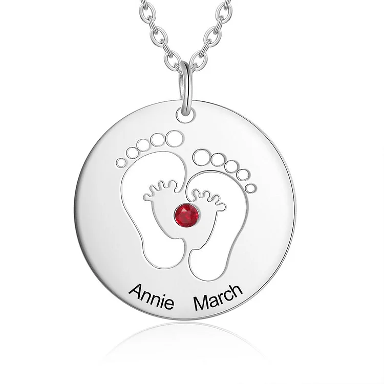 Baby Feet Necklace Mother Necklace with Stone Engraving 2 Names Gifts for Mother