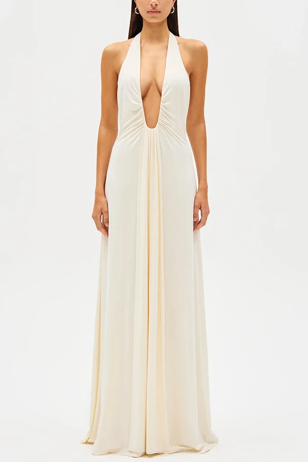 Sexy Silhouette Deep U-neck Halter Waterfall Sash Drape Maxi Dress