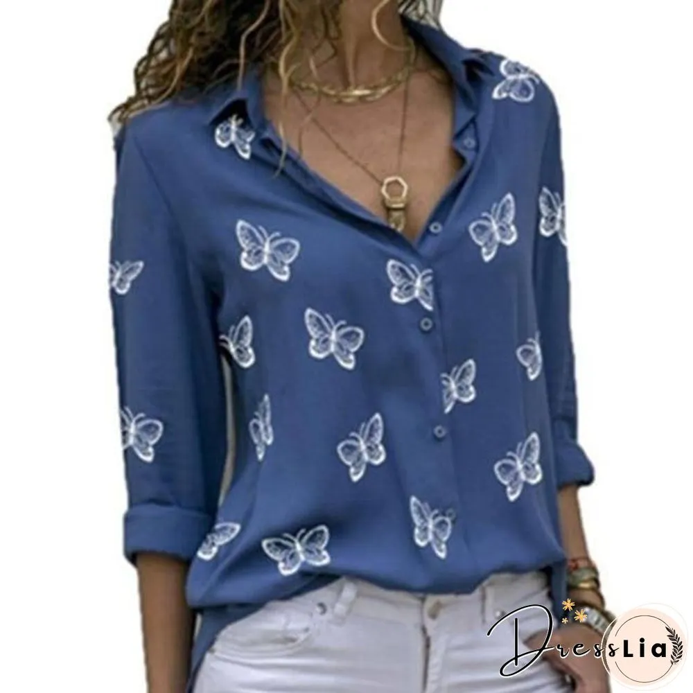 Flutter Print Womens Blouses Long-Sleeve Turn-Down Collar Blouse Shirt Casual Tops Elegant