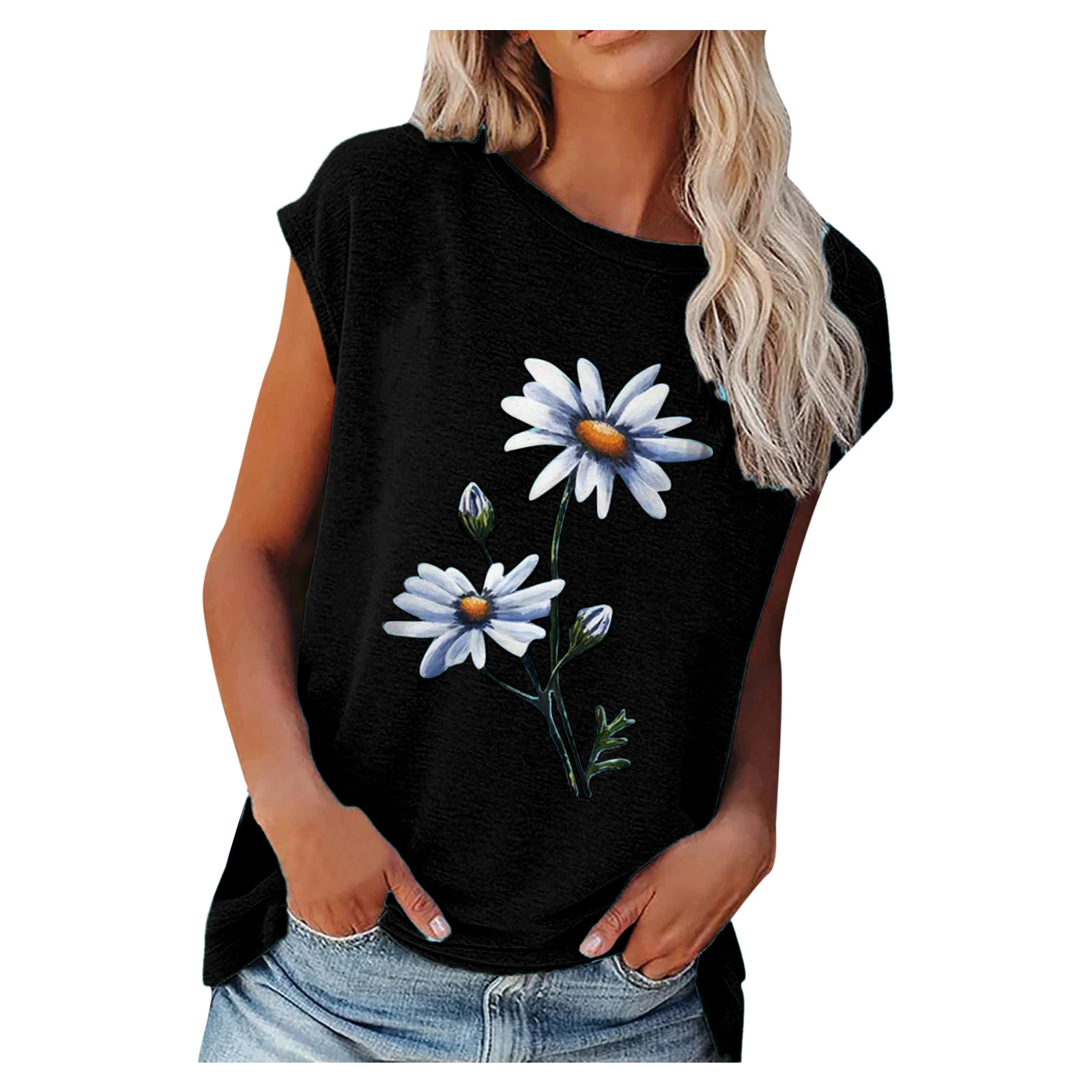 Summer Women Round Neck Casual Flower Print T-shirts