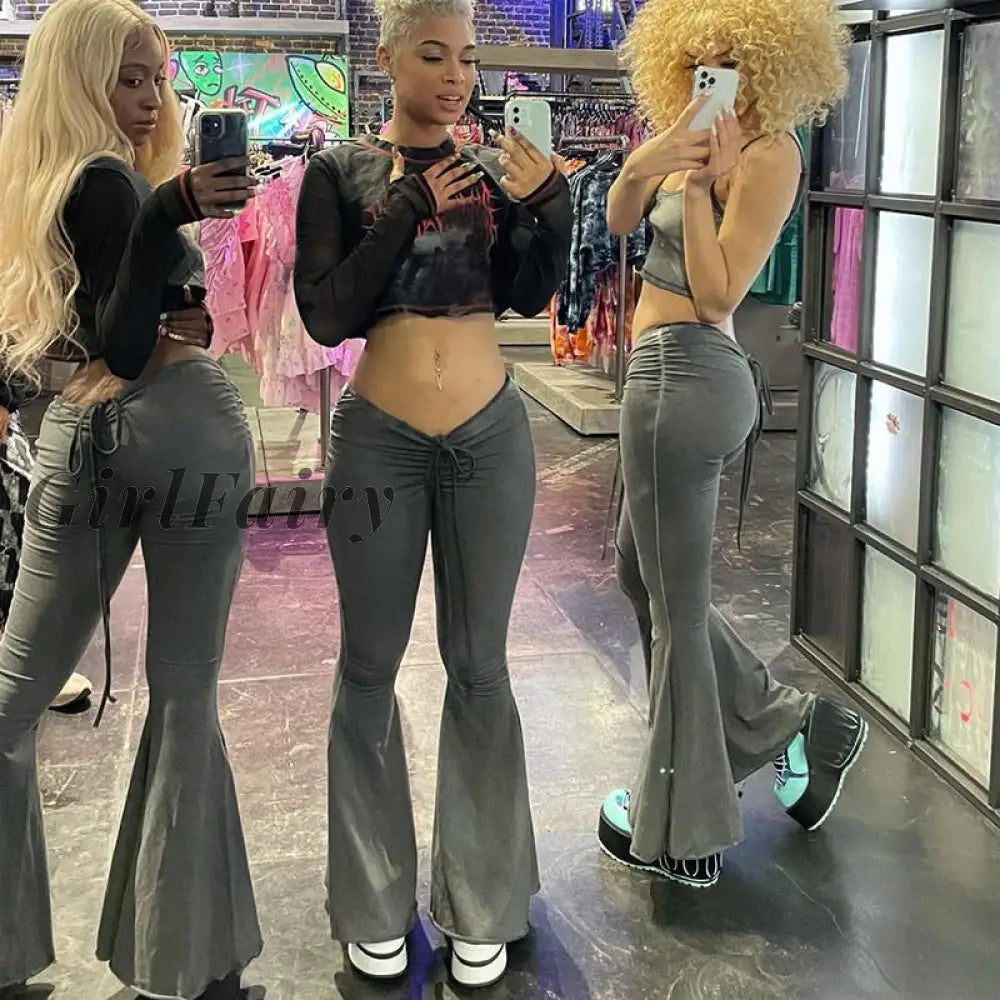 Girlfairy Women Ruched Drawstring Flare Pants Sexy High Waist Wrap Hip Vintage Ladies Streetwear