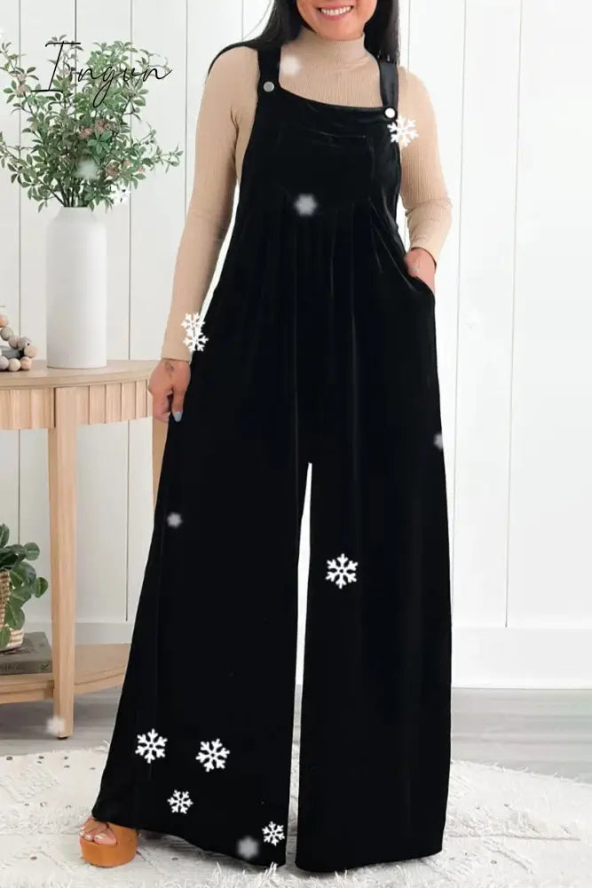 Ingvn - Casual Solid Pocket Fold Square Collar Loose Jumpsuits Black / S & Rompers/Jumpsuits