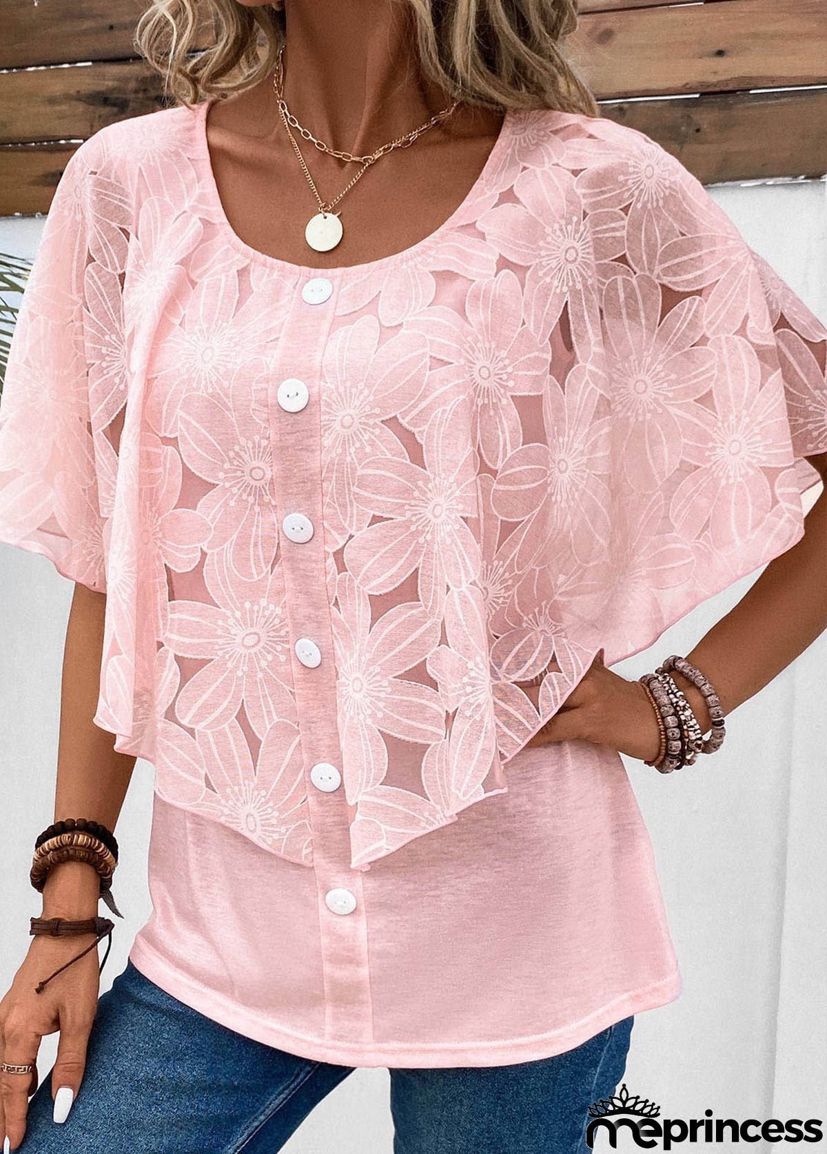 Pink Button Half Sleeve Round Neck Blouse