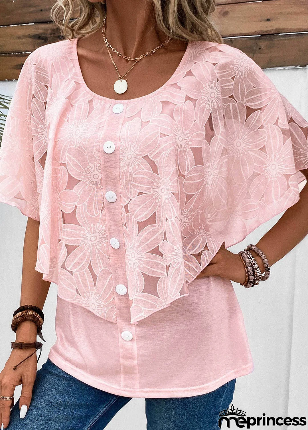 Pink Button Half Sleeve Round Neck Blouse