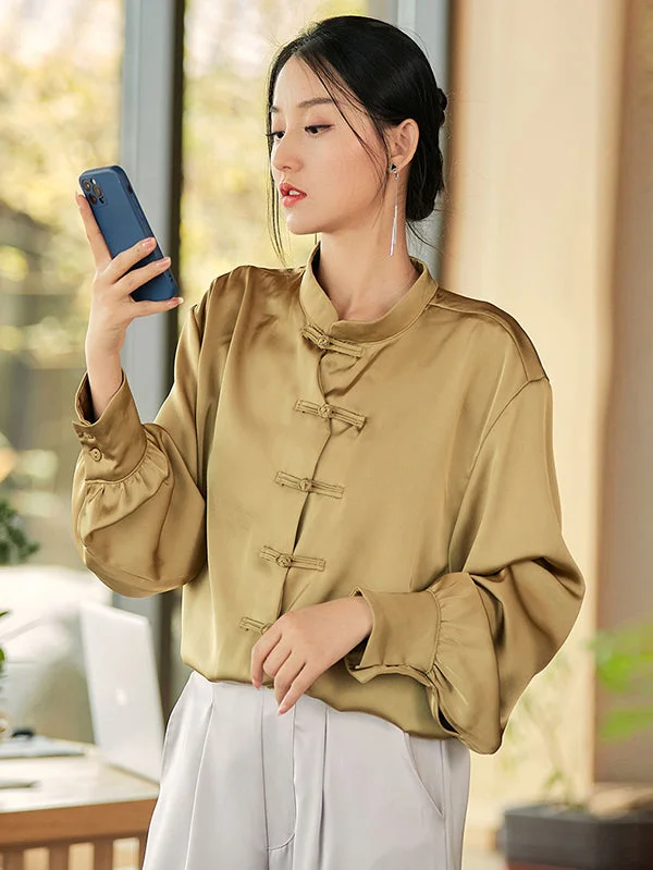 Vintage Long Sleeves Loose Buttoned Solid Color Stand Collar Blouse Top