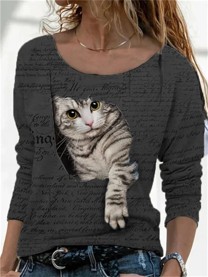 Women's Round Neck Top 3D Animal Pattern Long Sleeve T-shirt Black Gray Purple Red Khaki Blue Green