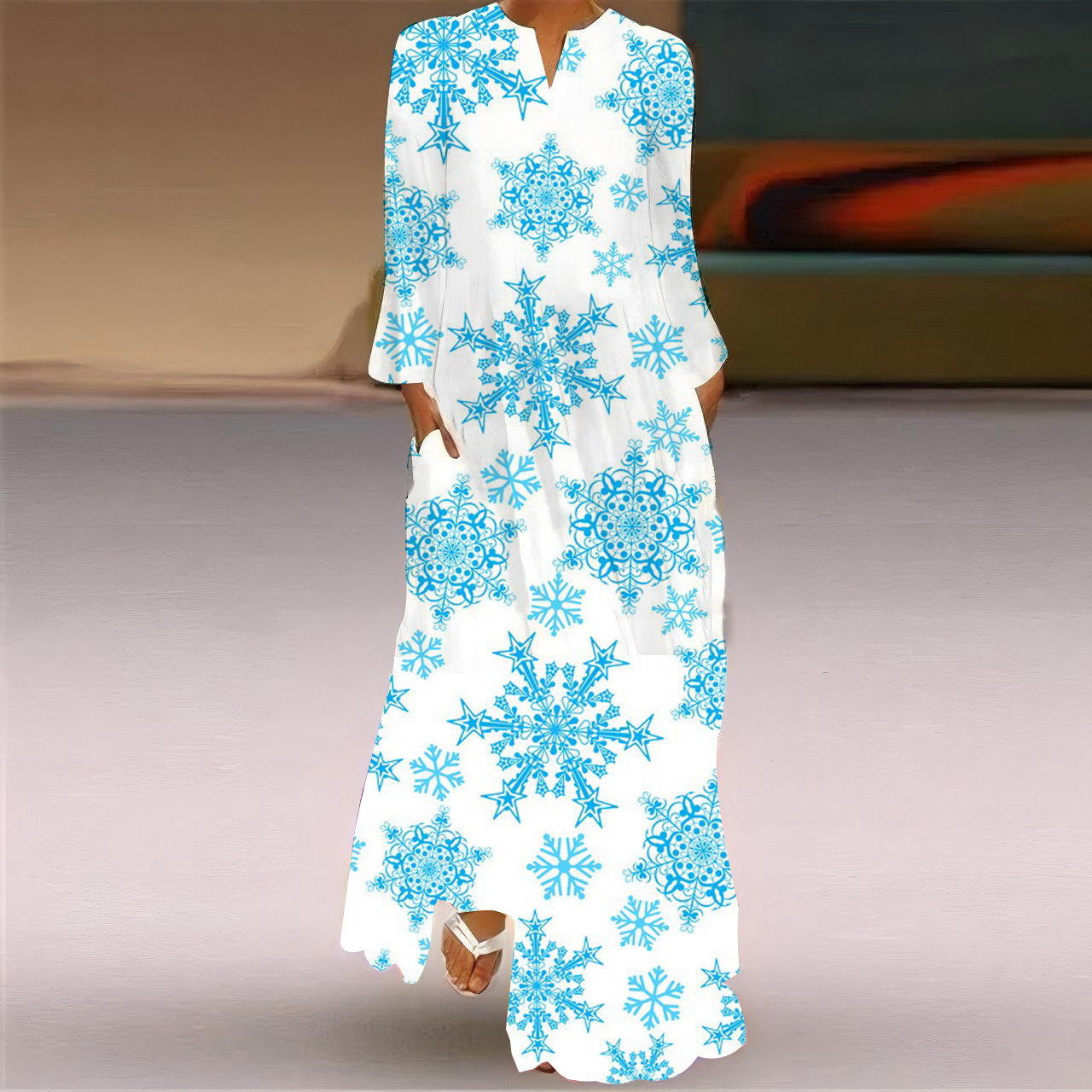 Querysynth event dresses for women luxury Autumn And Winter New Women's V-neck Long Sleeved Hoodie Christmas Gift Printed Pocket Oversized Swinging Long Skirt Loose Dress