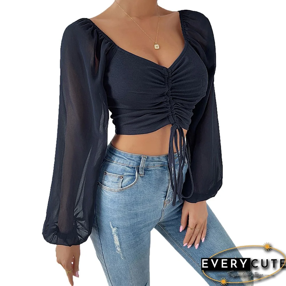 Black Raglan Sleeve Drawstring Crop Tops