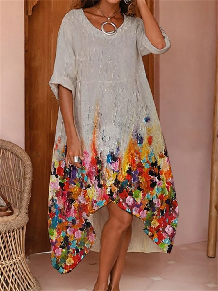 Women's  elegant floral print Loose casual mid-length  dress