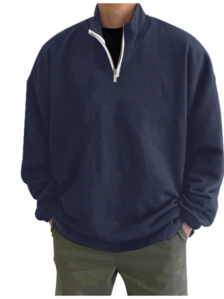 Sports Padded Pullover Loose Solid Color Sweatshirt Green Retro Sweatshirt Men's Zipper Standing Collar Hoodless Jacket-Cosfine