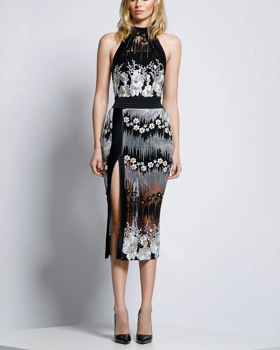 Women's Halter Neck Slit Embroidered Dress