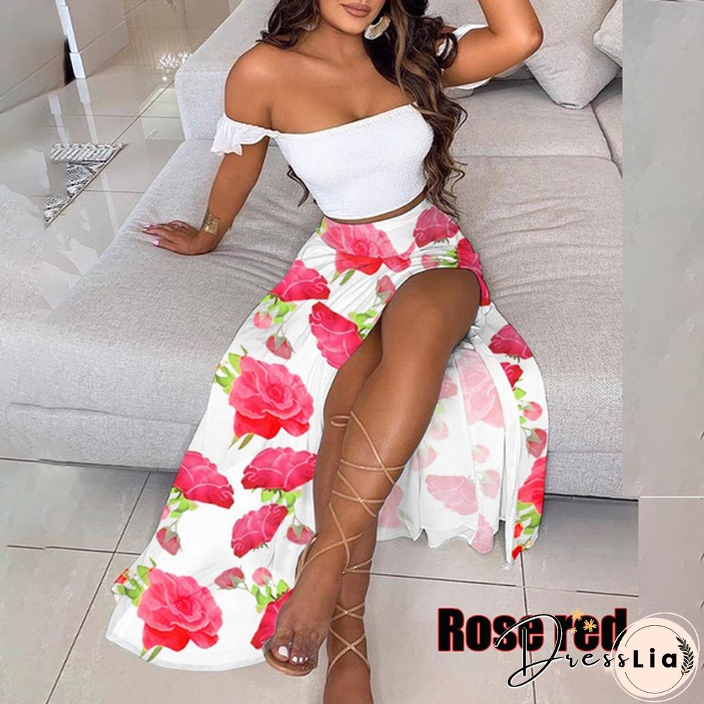 Newest Fashion Summer Women Elegant Two Pieces Sets Cropped Top & Split Skirt Temperament Drop-Shoulder Frilled Top And High Waist Split Dress