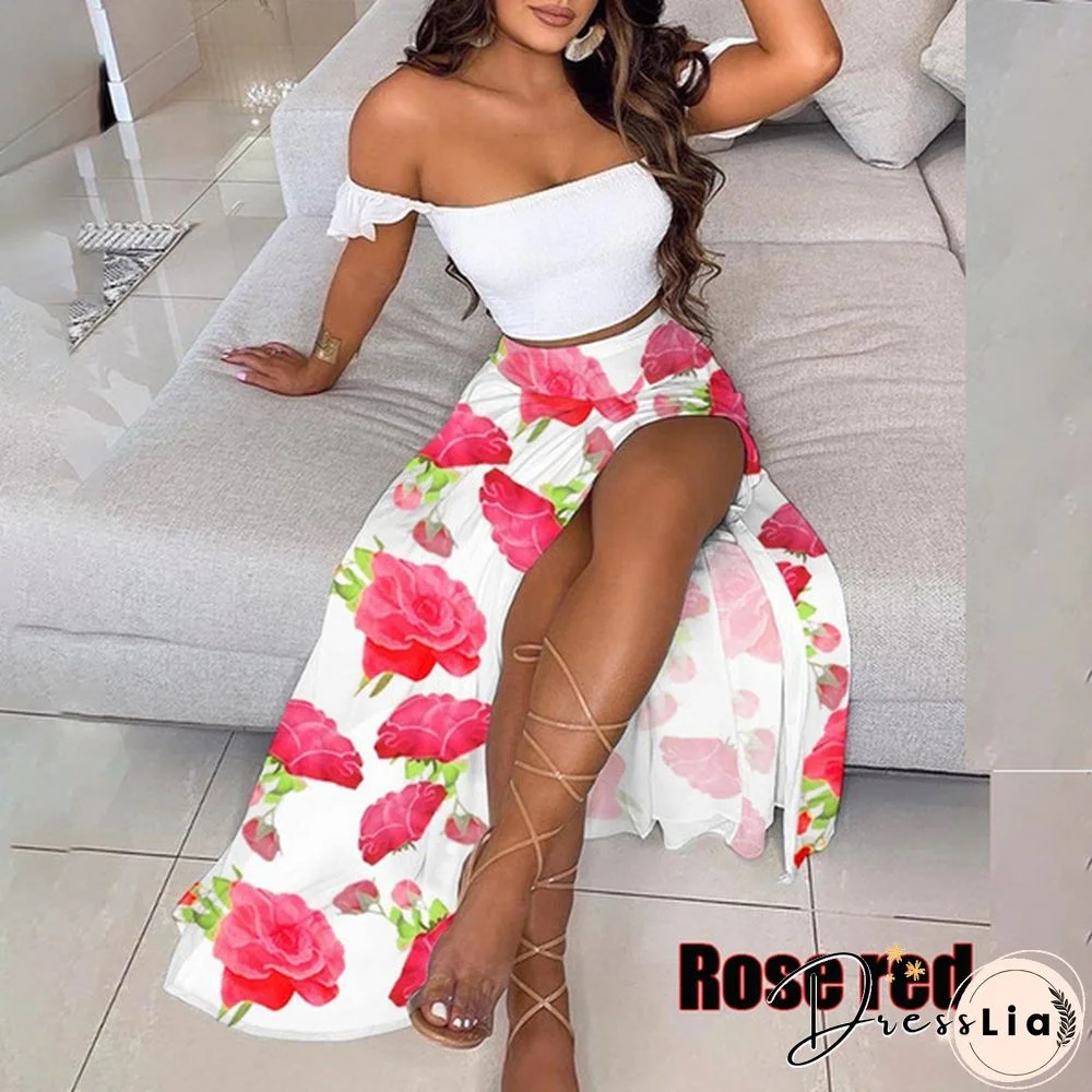 Newest Fashion Summer Women Elegant Two Pieces Sets Cropped Top & Split Skirt Temperament Drop-Shoulder Frilled Top And High Waist Split Dress