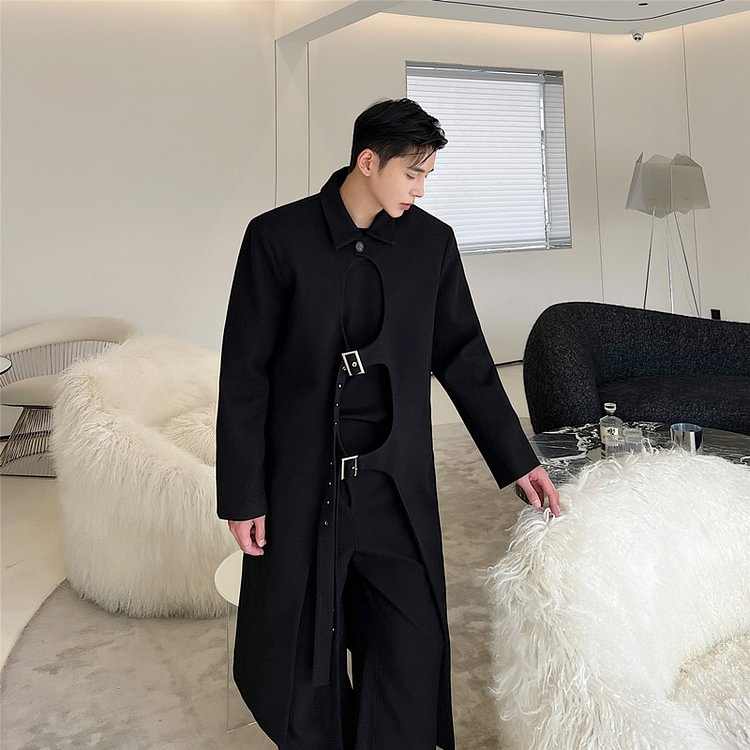 Dawfashion-Dark Black Design Strap Mid-length Woolen Retro Coat-Yamamoto Diablo Clothing