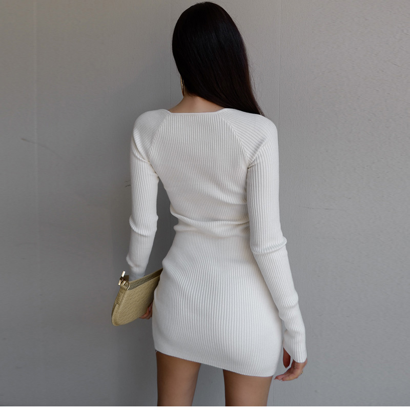 Ootddress Knit White Dress For Women Casual Long Sleeve Sweater Dress Female Slim Bodycon V-Neck Mini Dresses Spring 2025