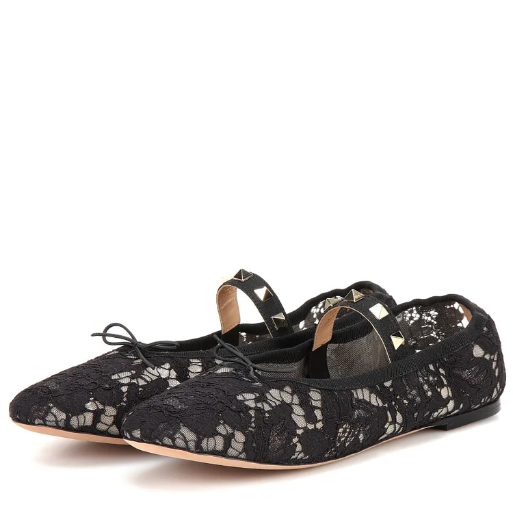 Black Lace Floral Mary Jane Shoes Round Toe Flats with Rivets |FSJ Shoes