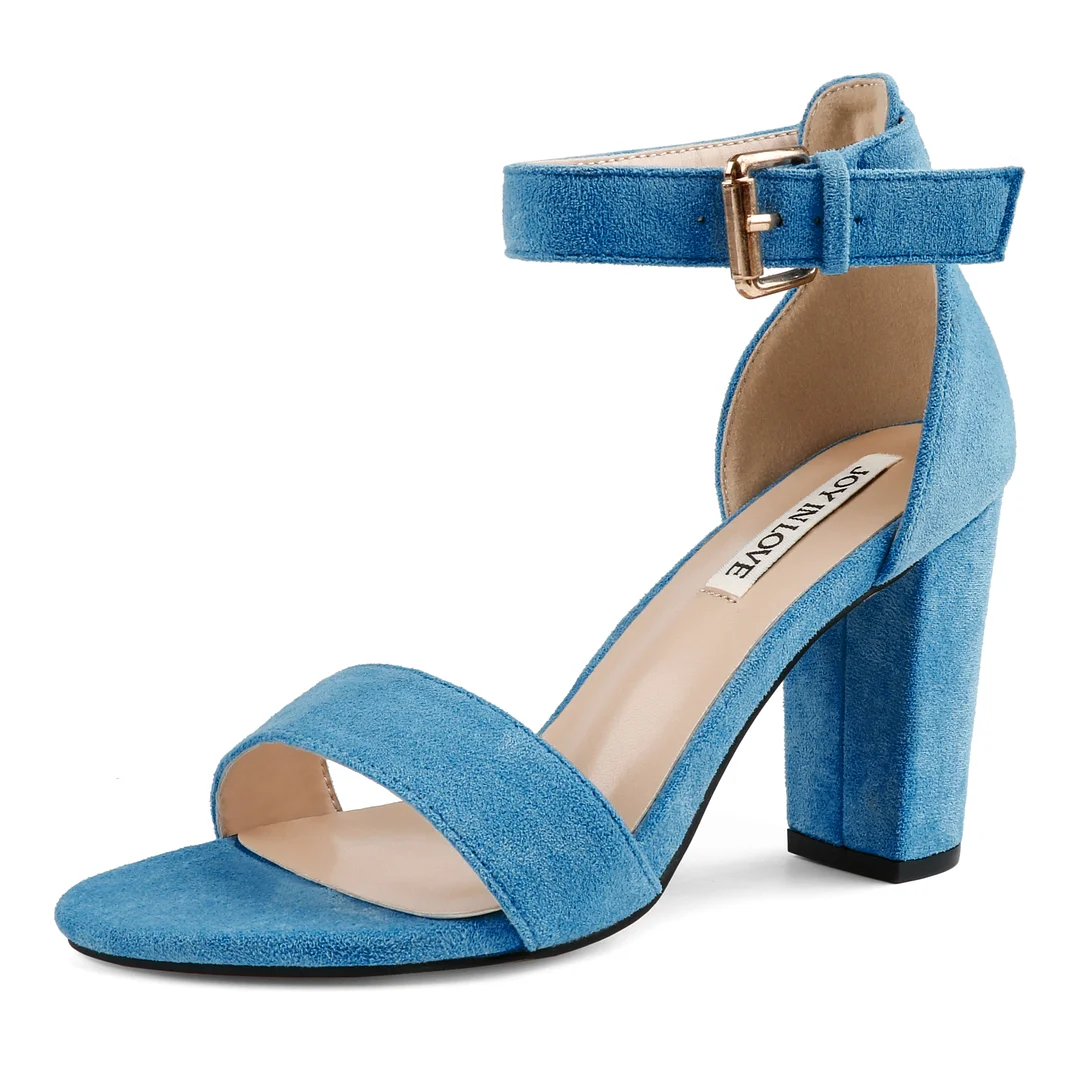 3.54"  Women's Ankle Strap Pumps Block Heel Open Toe Suede Sandals Summer Shoes-MERUMOTE