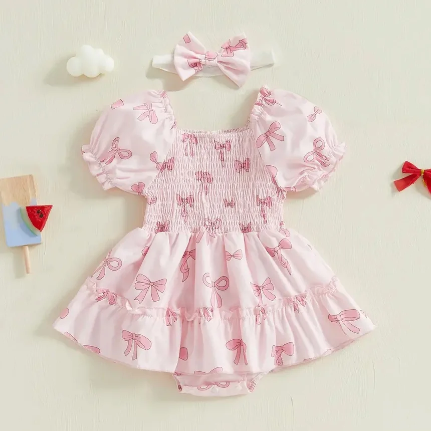 2PCS Sweet Bowknot Printed Ruffles Sleeveless Baby Romper
