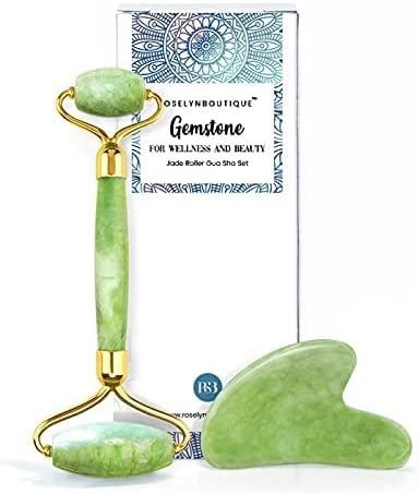 Gua Sha & Face Roller Jade Roller for Face - Natural Healing Crystal Self Care Gifts for Women - Facial Skin Care Tools Muscle Roller Massager Relaxing Relieve Wrinkles (Green)