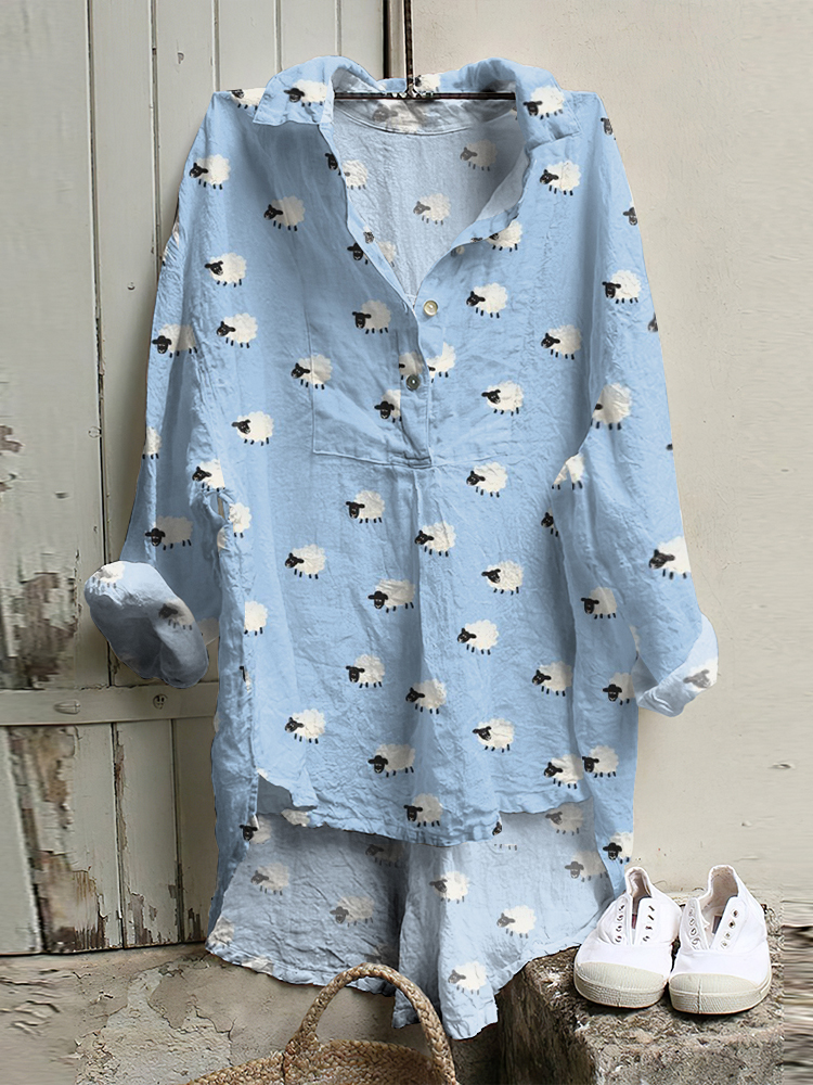 Comstylish Vintage Sheep Art Cozy Lapel Casual Shirt