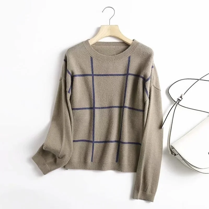 Christmas Gift Withered Winter Sweaters Women Pull Femme England High Street Vintage O-neck Loose Plaid Fashion Sweaters Women Pullovers Tops