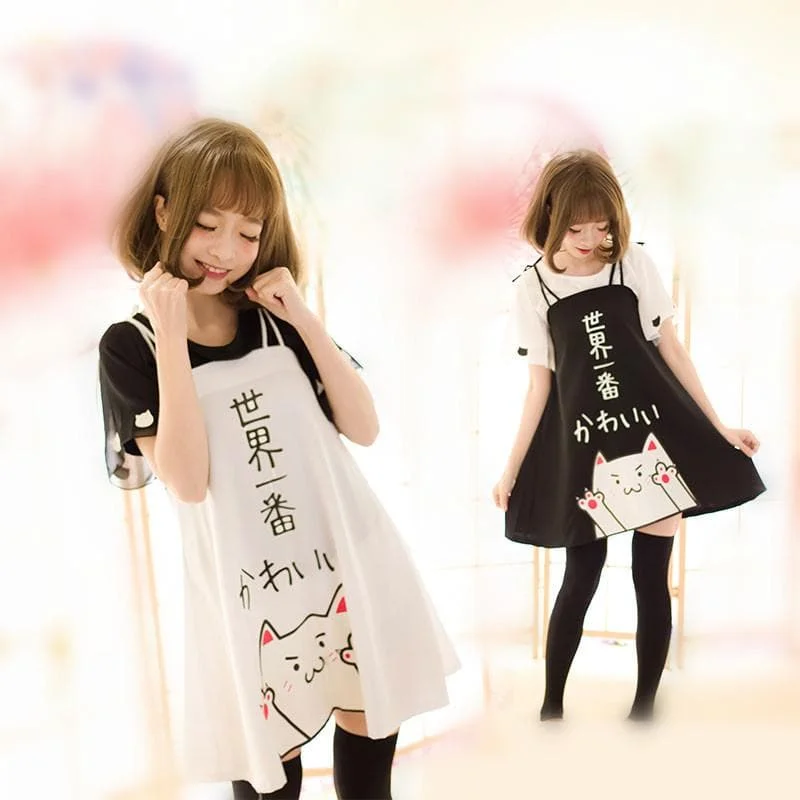 S/M/L White/Black Kawaii Kitty Cat Dress/T-Shirt SP166069